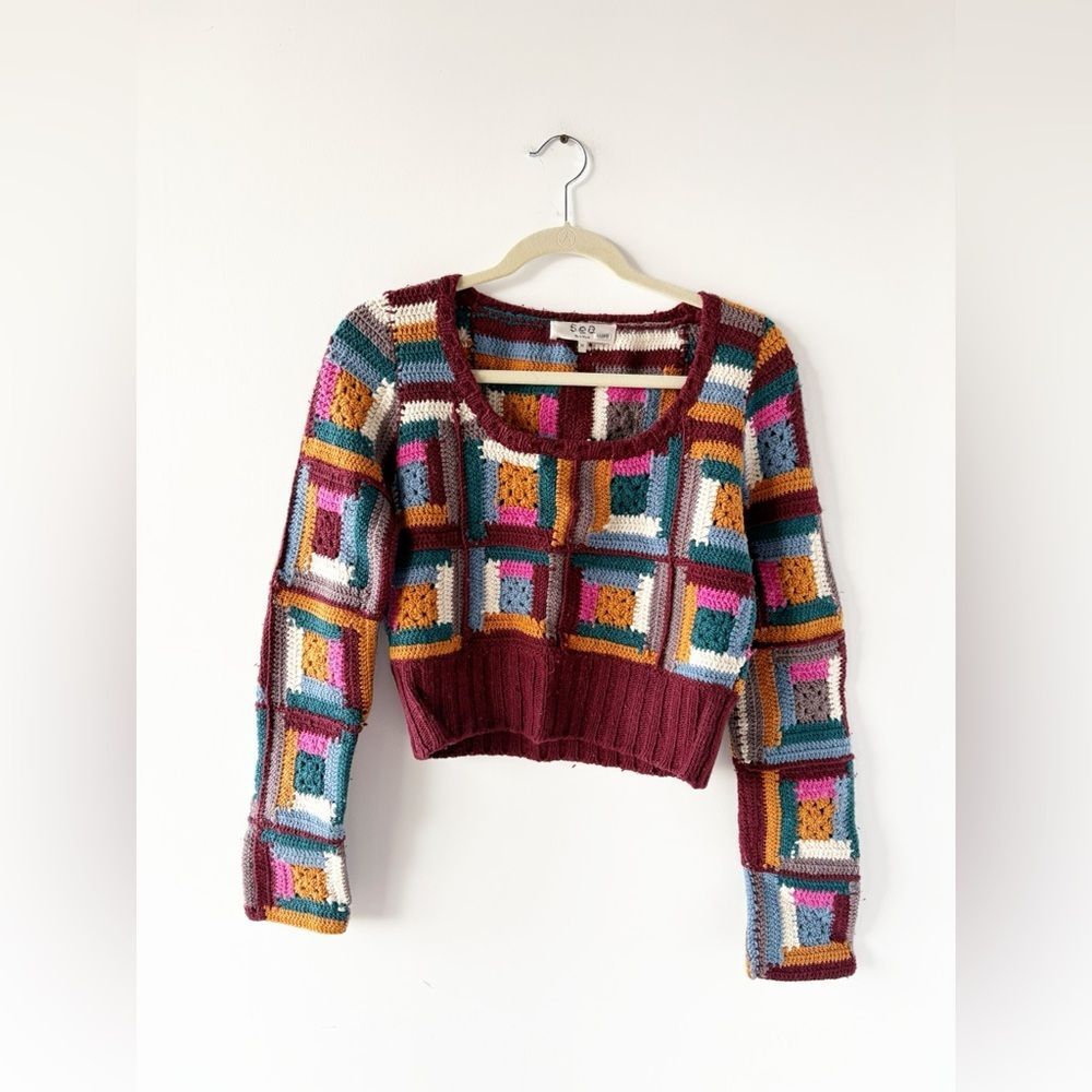 Sea New York Camryn Crochet Patchwork Granny Square Knit Wool Sweater Burgundy M